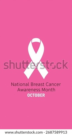 The image is a pink background design promoting National Breast Cancer Awareness Month, observed in October. It features a large white breast cancer awareness ribbon and bold white and pink text highl