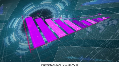 Image of pink graph over data processing with world map and charts on dark interface. Global communication, business, data and digital interface concept digitally generated image.