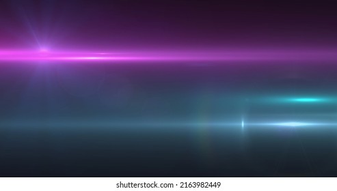 Image of pink spotlight with lens flare and light beams moving over dark background. movement, energy and light, abstract interface background concept digitally generated image.