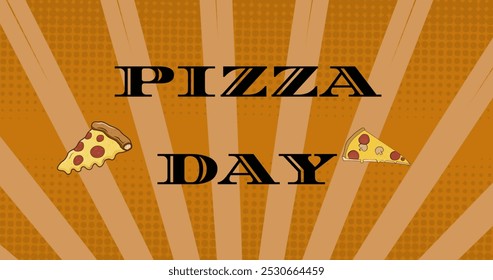 Image of pizza day text and pizza icons over over stripes on orange background. celebration and digital interface concept digitally generated image. - Powered by Shutterstock