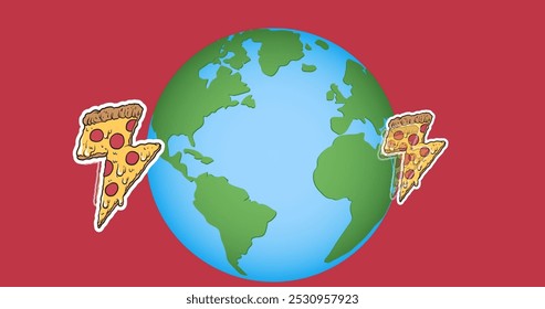 Image of pizza icons over globe on red background. celebration and digital interface concept digitally generated image. - Powered by Shutterstock