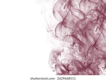 The image presents an abstract composition of maroon smoke against a white background. The smoke billows and curls in various densities, creating a sense of movement and fluidity.