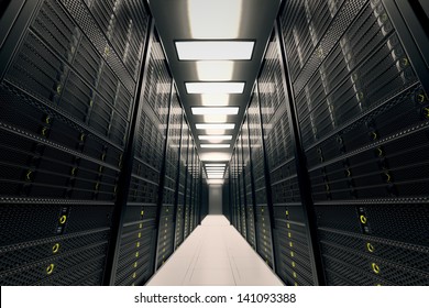 Image presents a room equipped with data servers. Yellow LED lights are flashing. Image can represent cloud computing, information storage, etc. or can be the perfect technology background.