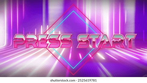 Image of press start text over neon lines on black background. Technology, communication, metaverse and digital interface concept digitally generated image.
