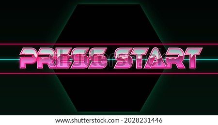 Image of press start text in pink metallic letters over pink and green lines and green hexagons. Global network of connection and image game concept digitally generated image.