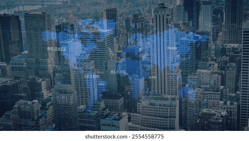 Image of processing data and blue world map over cityscape. Data, digital interface, network, connection, business, finance, processing and global communication, digitally generated image. - Powered by Shutterstock