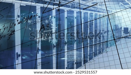 Image of processing data and maths calculations over computer server room. Global communication, research, data and network concept digitally generated image.