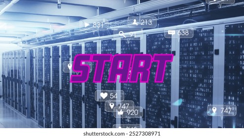 Image of purple text start, with social media notifications over computer server room. social media and global communication interface technology concept digitally generated image. - Powered by Shutterstock