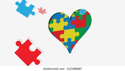 Image of puzzles falling over beating heart formed with autism awareness puzzles on white. autism and learning difficulties support and awareness concept digitally generated image.