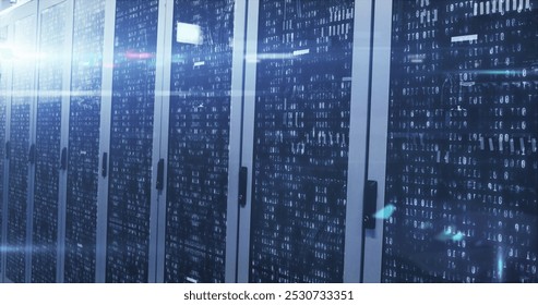 Image of radars, infographic interface and lens flare over server room in background. Digital composite, multiple exposure, sonar, globalization, report, technology, network server concept.