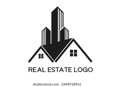 The image is a real estate logo concept featuring two houses and a skyscraper in black silhouette. The buildings stand in increasing height from left to right.  - Powered by Shutterstock