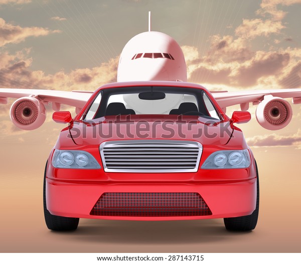 Image of\
red car with jet behind on red sky\
background