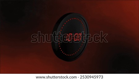 Image of red digital timer changing on red and black background. Time, digital interface and data processing concept digitally generated image.