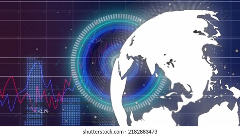 Image Of Red Line And Data Processing Over Globe And Grid. Global Business Connections Data Processing And Technology Concept Digitally Generated Image.