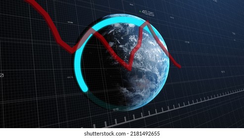 Image Of Red Line Recording And Data Processing Over Globe. Global Networks, Data Processing, Connections And Digital Interface Concept Digitally Generated Image.