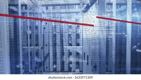 Image of red lines and data processing over servers. Computers, network, data processing and technology concept digitally generated image.