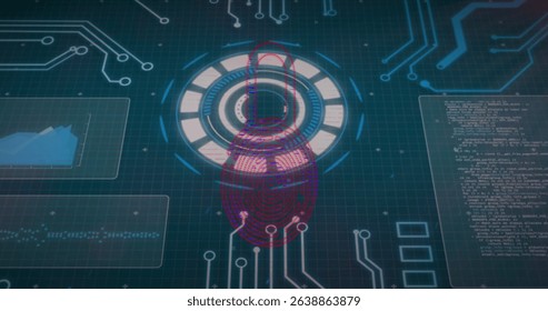 Image of red padlock over scanner, graphs and data processing, on dark interface. Global communication, business, data security and digital interface concept digitally generated image.