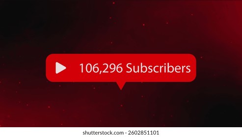 Image of red speech bubble with number of subscribers over red spots and clouds of smoke. global connection and communication colour and movement concept digitally generated image.