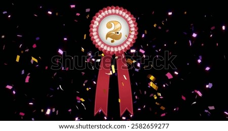 Image of red and white rosette with number 2 and falling confetti on black background. Second place, competition, award, success, achievement and celebration, digitally generated image.
