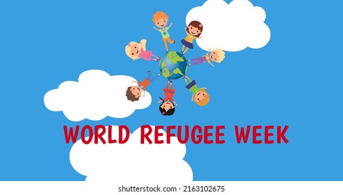 Image of refugee week text over diverse children standing around globe. refugee week concept digitally generated image.