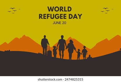  Image of refugees holding hands, with text "World Refugee Day" in bold letters with orange background - Powered by Shutterstock