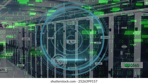 Image of retina eye scanner, binary coding and social media icons against computer server room. Cyber security and business data storage technology concept