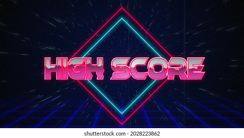 Image Of Retro High Score Text Glitching Over Blue And Red Squares Against Black Background