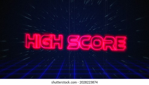 Image Of Retro High Score Text Glitching Over Blue And Red Squares Against Black Background