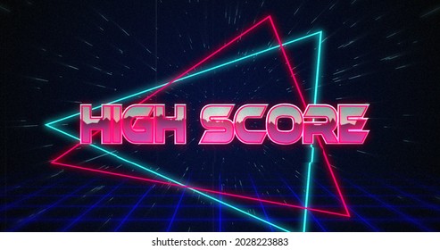 Image Of Retro High Score Text Glitching Over Blue And Red Triangles Against Black Background 4k