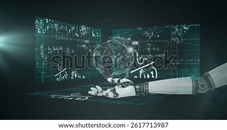 Image of robotic arm with shape over mathematical equations. global technology and digital interface concept digitally generated image.