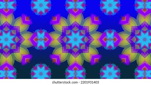 Image of rows of glowing multiple kaleidoscope abstract shapes moving in hypnotic motion in seamless loop on gradient blue background. Colour and movement concept digitally generated image.