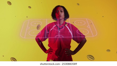 Image of rugby pitch and rugby balls over female rugby player on neon background. Sports and communication concept digitally generated image. - Powered by Shutterstock