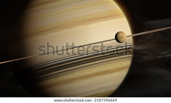 Image of Saturn with its moon Titan. 8K\
image of the rings of Saturn. 3d\
illustration.