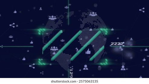 Image of scanner, data processing and people icons over globe and networks. Data, digital interface, connection and global communication, digitally generated image.