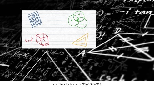 Image Of School Items Icons Over Mathematical Equations On Black Background. School, Education And Study Concept Digitally Generated Image.