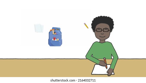 Image Of Schoolboy Taking Notes Over School Items Icons On White Background. School, Education And Study Concept Digitally Generated Image.