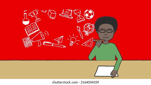 Image Of Schoolboy Taking Notes Over School Items Icons On Red Background. School, Education And Study Concept Digitally Generated Image.