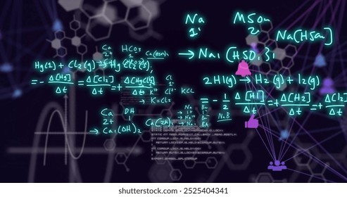 Image of scientific data processing over dark background. Global science, research, connections, computing and data processing concept digitally generated image.