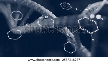 Image of scientific data processing over dna strand spinning. Global science, connections, computing and data processing concept digitally generated image.