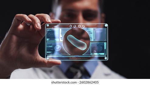 Image of scientist holding interactive screen with medical data processing. global technology, science and medicine concept digitally generated image.