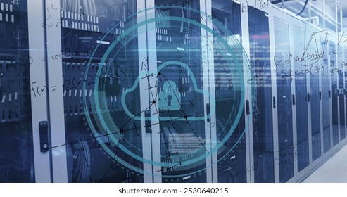 Image of scope with digital cloud and data processing over computer servers. Global online security, cloud computing and data processing concept digitally generated image.