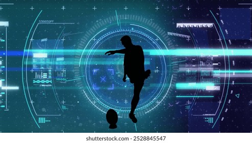 Image of scope scanning and data processing over rugby player. Global sports, competition and data processing concept digitally generated image.