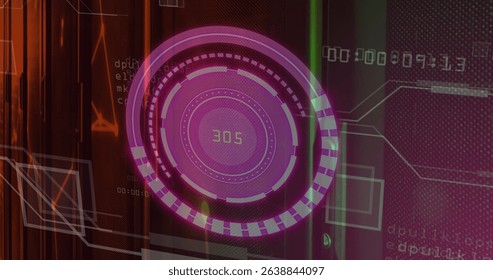 Image of scope scanning with data processing over server room. Global technology, online security and digital interface concept digitally generated image.