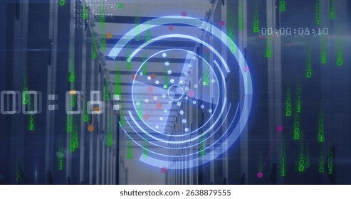 Image of scope scanning with data processing over server room. Global technology, online security and digital interface concept digitally generated image.