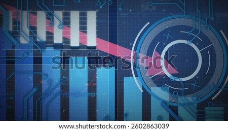 Image of scope scanning with red arrow and statistics on blue background. digital interface, connection and communication concept digitally generated image.