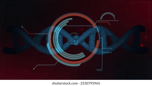 Image of scope scanning, scientific data processing and dna strand spinning. Global science, medicine and healthcare services concept digitally generated image.