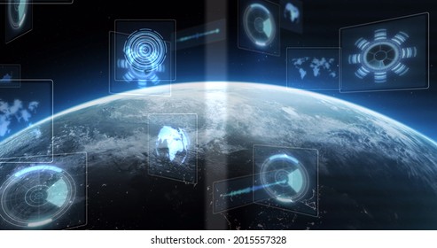 Image Of Scopes Scanning And Data Processing On Screens Over Globe With Glowing Horizon. Global Connection And Digital Interface Concept Digitally Generated Image.