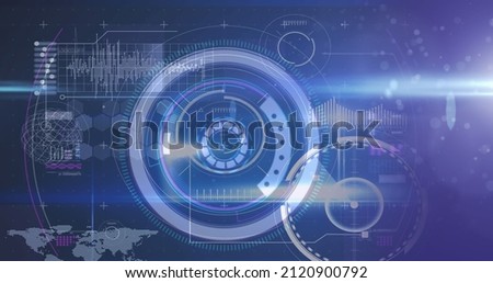 Image of scopes scanning and data processing over glowing purple background. digital interface, connection and communication concept digitally generated image.