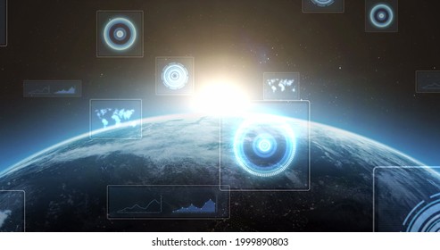 Image Of Scopes Scanning, World Map, Data Processing On Screens Over Globe With Glowing Horizon. Global Connection And Digital Interface Concept Digitally Generated Image.