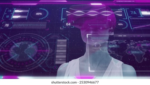 Image of screens with data processing and caucasian woman using vr headset. Global connections, computing, digital interface and data processing concept digitally generated image. - Powered by Shutterstock